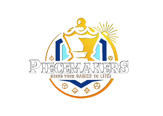 PieceMakers logo featuring a stylized gold chess piece with rays of light, surrounded by geometric shapes representing dice. The logo includes the tagline 'Bring Your Games to Life!' in bold white text. The design is set against a dark background with blue and orange accents.